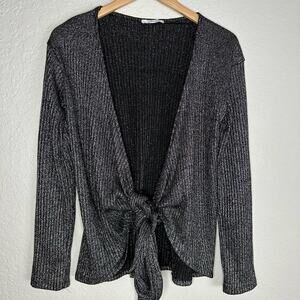 Zara Trafaluc Grey Front Tie Sweater Sparkle Glitter Long Sleeve Date Night Chic